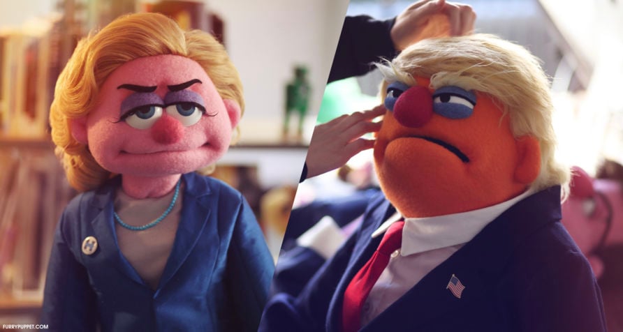 Donald Trump and Hillary Clinton caricature puppets