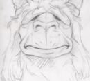 Pencil sketch of a llama monster head with large curved horns, thick shaggy hair over the forehead, closed eyes, a broad nose, and a wide subtle grin.