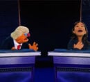 Puppets in the likeness of Kamala Harris and Donald Trump, in a skit parodying a presidential debate