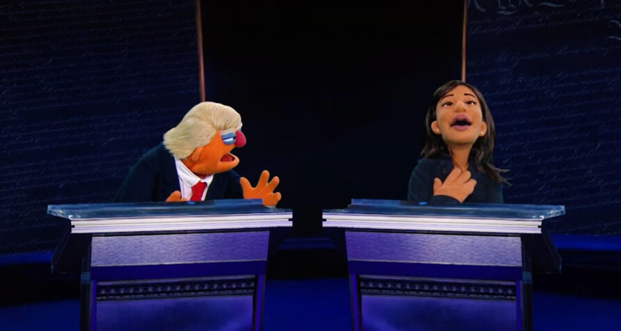 Puppets in the likeness of Kamala Harris and Donald Trump, in a skit parodying a presidential debate