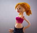 Custom puppet with a pink crop top and blond pigtails making a sassy pose