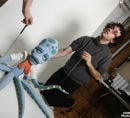 Behind the scenes picture, taken in a photoshoot featuring a custom octopus character puppet